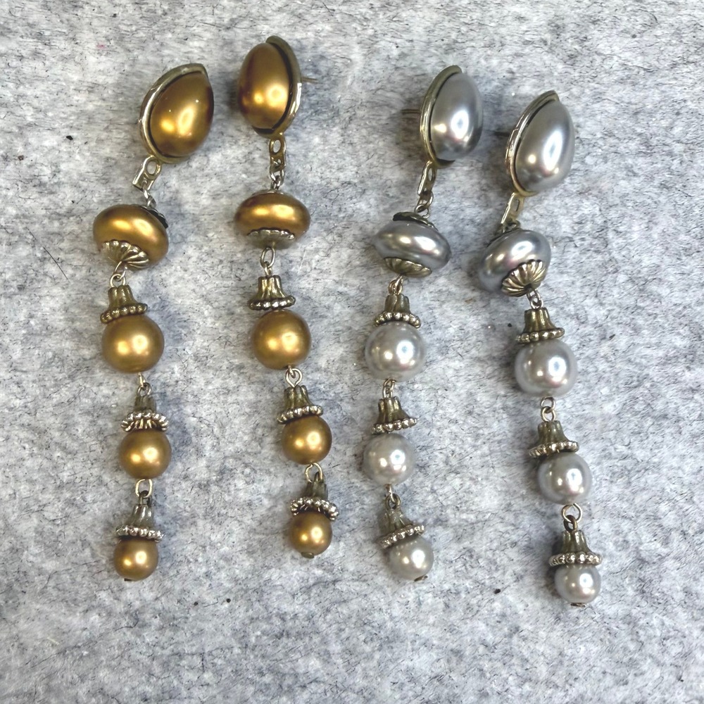 Vintage Faux Pearl Drop Earrings Set Gold Silver Tone Graduated Dangle 2 Pairs
